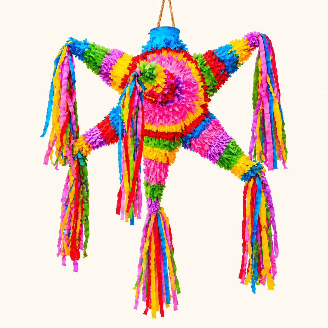 Piñata artesanal de siete picos, con flecos y cintas de colores, hecha en Cantabria