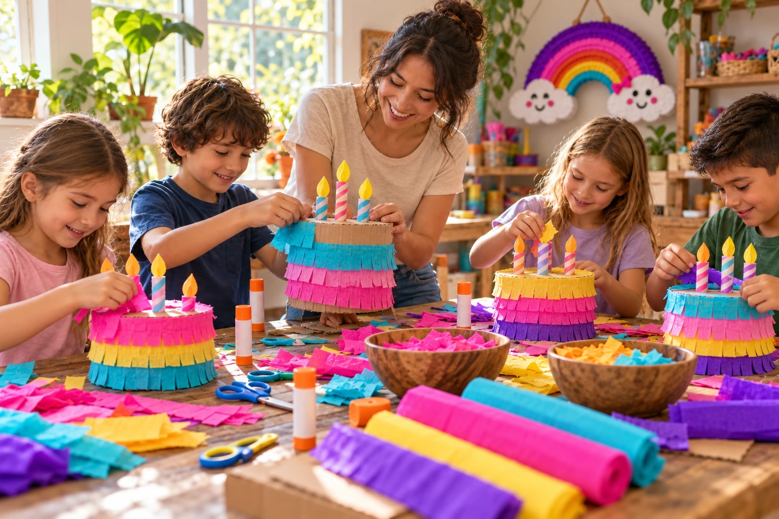 Imagen creada con IA de un taller de piñatas con niños y una persona que guía la actividad